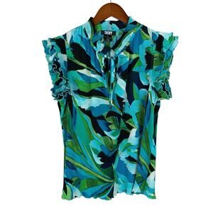 DKNY Blouse Short Ruffle Sleeve Jewel Tone Blue Green Micro Pleat Top Women's M